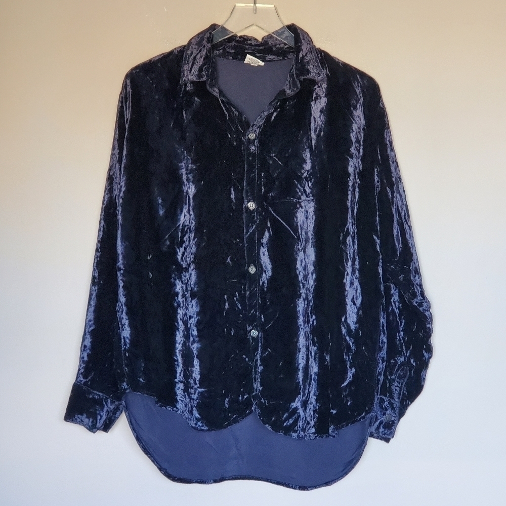 CP Shades Oversized Midnight Blue Crushed Velvet Velour Button Down Holiday Top